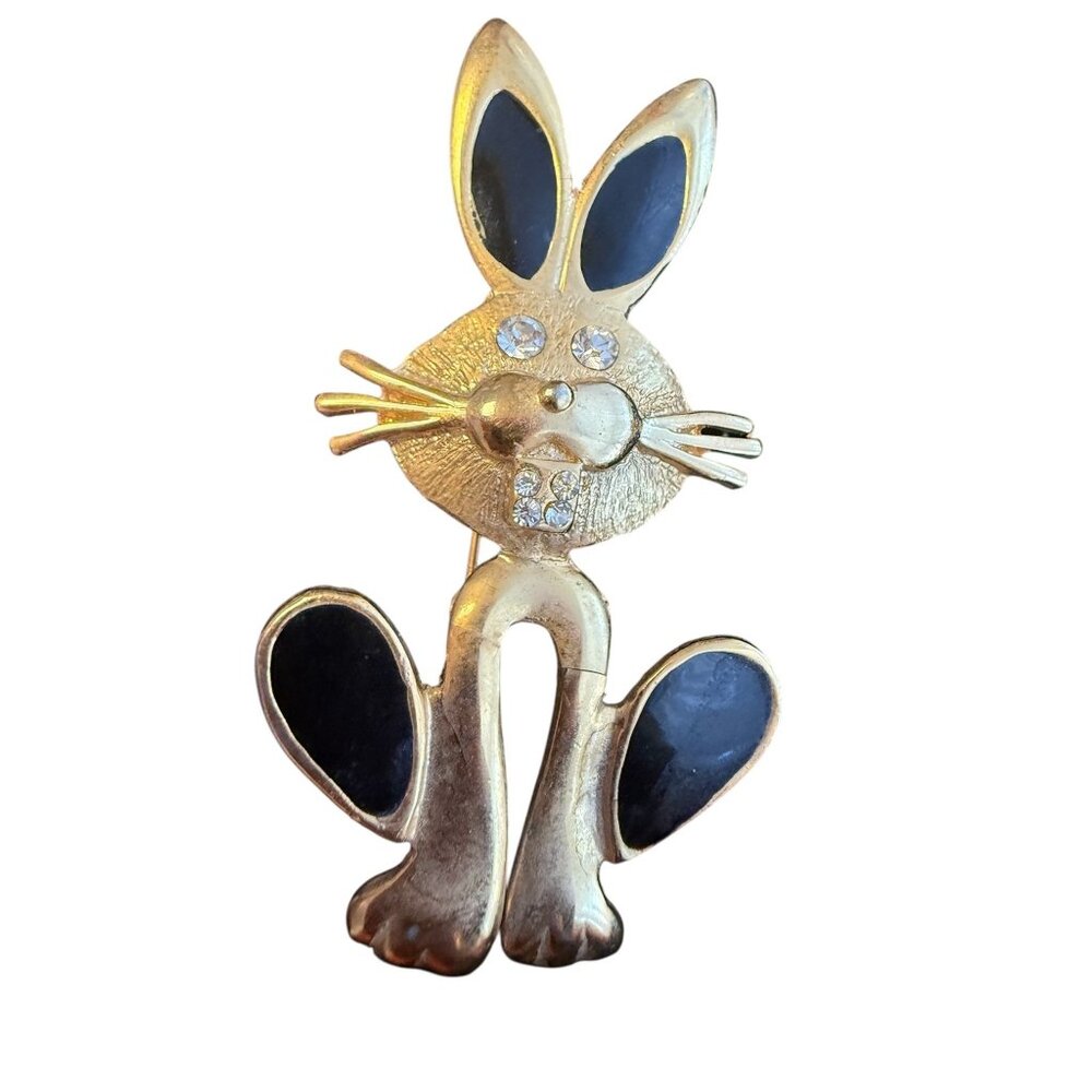 Vintage Gold-Tone Bunny Brooch With Black Enamel & Rhinestone Accents - Picture 3 of 3